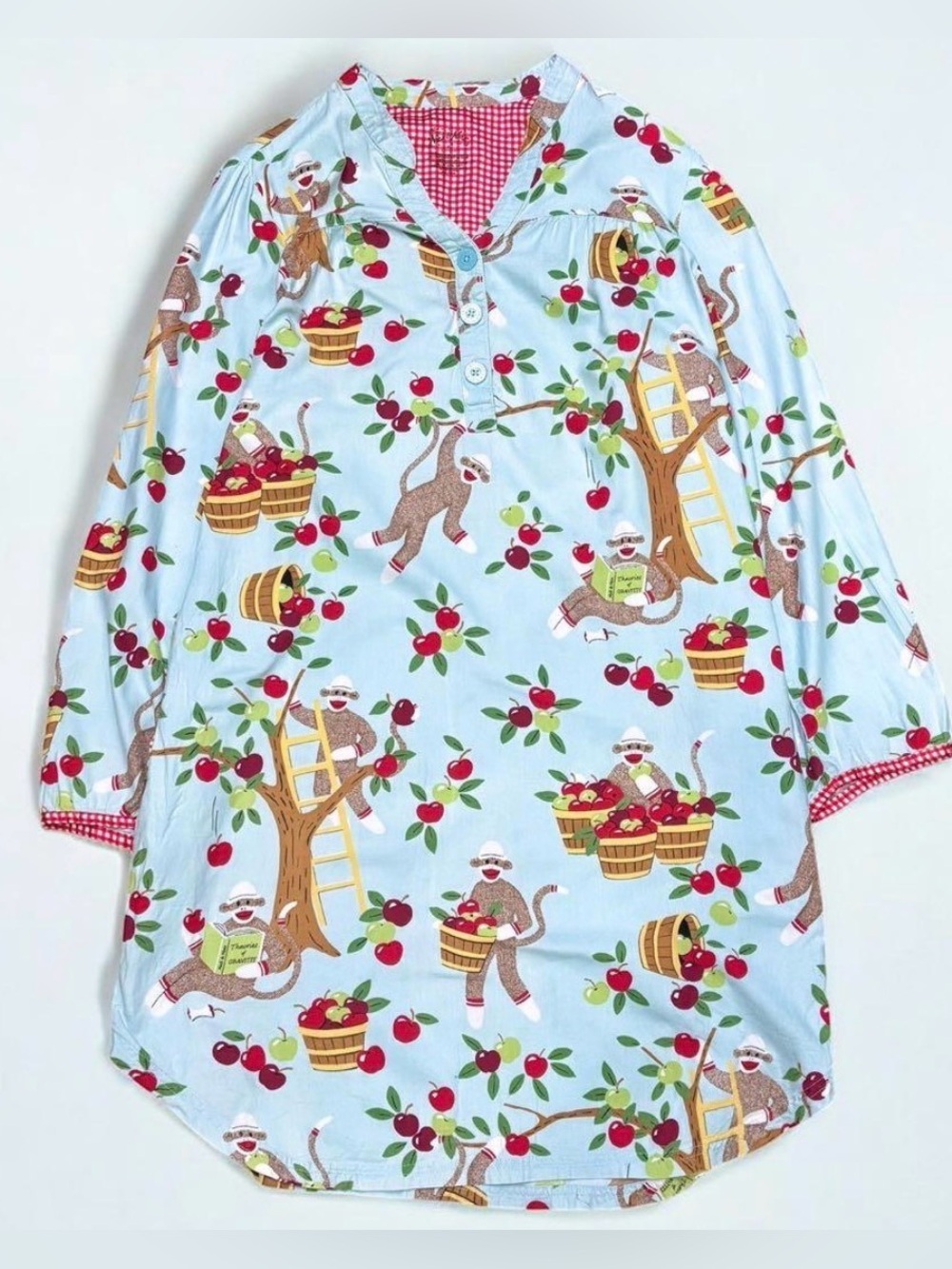 Nick & Nora Light Blue Sock Monkey Apple Print Nightshirt